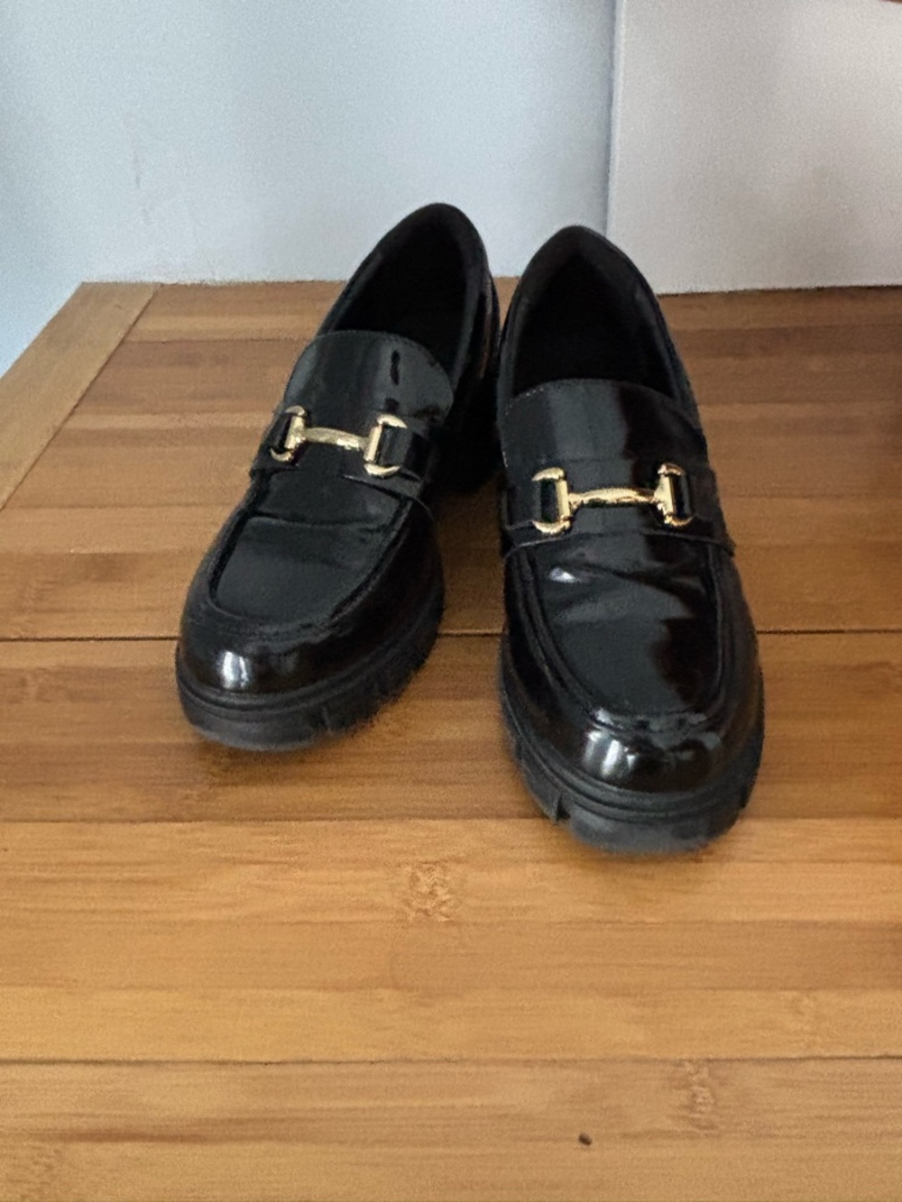 Dream Pairs Black Patent Loafers with Gold Buckle